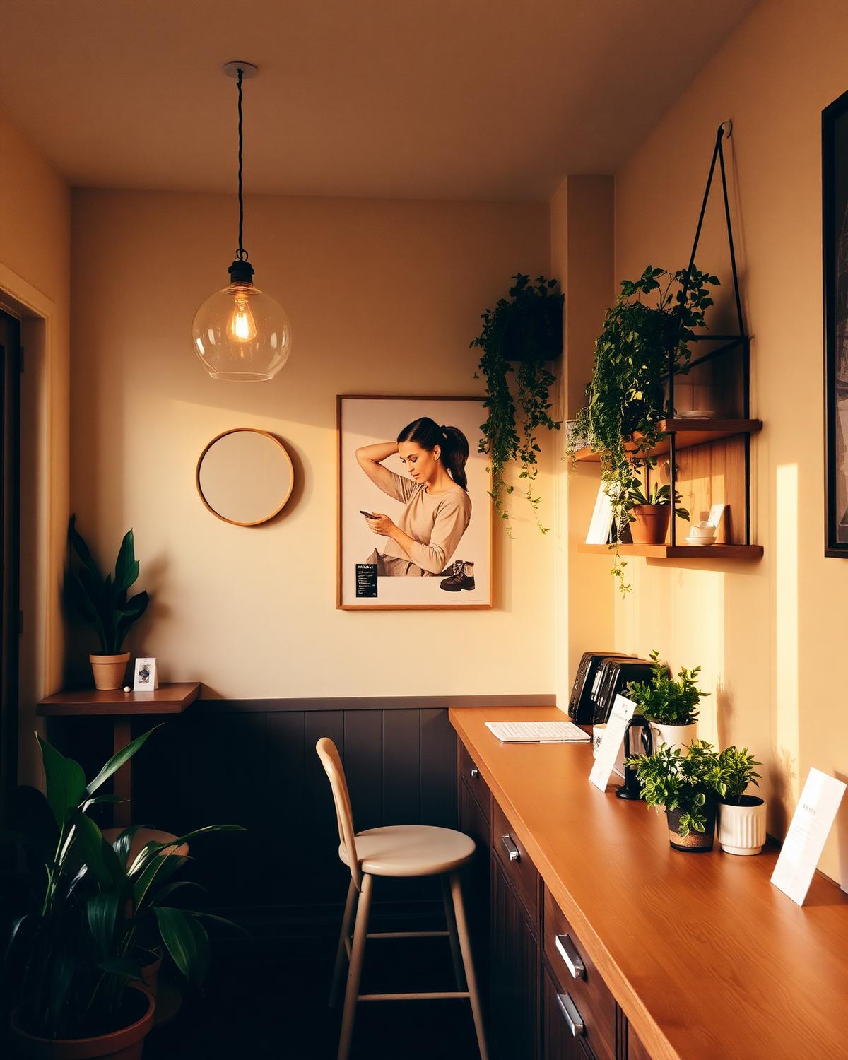 Cosy Rhythm's Café interior with oak counter and warm pendant lighting