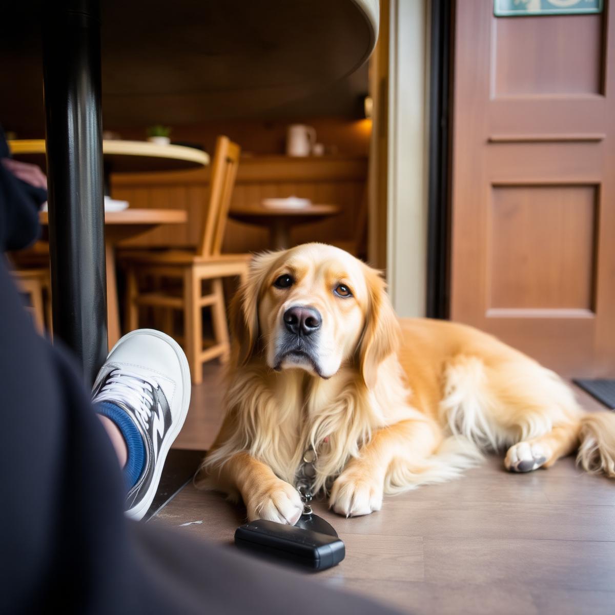 Friendly dog relaxing inside the café
