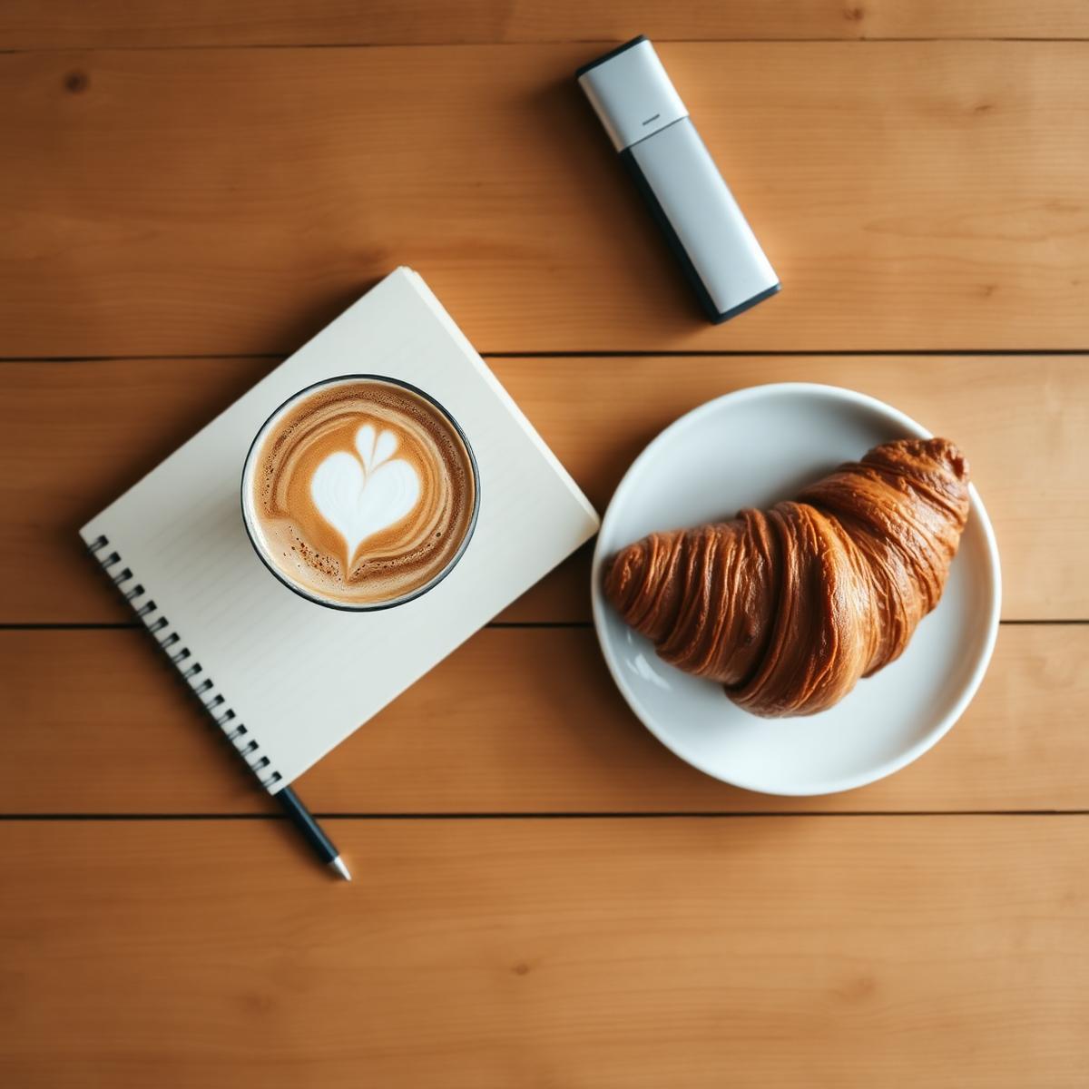 Coffee, notebook and croissant — remote-friendly