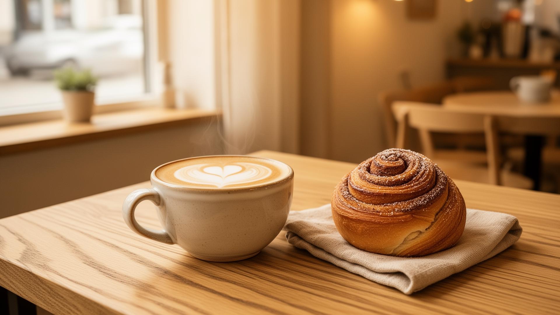 Flat white coffee and cinnamon bun on oak wood table at Rhythm's Café